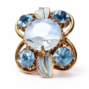 VTG Blue Rhinestone Floral Cluster Ring Gold Tone Adjustable Moonstone Glass